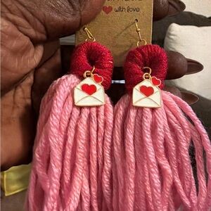 Pink and Red Heart Tassel Earrings